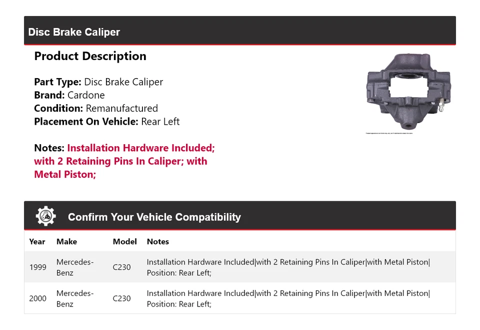 Pinza de freno de disco trasera izquierda cardona para Mercedes-Benz C230 1999-2000 Foto 2 de 4
