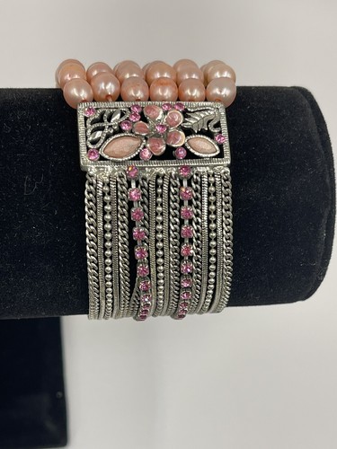 Bracelet Silver Pink Rhinestones Pearls Round Square 7.5" Stretch - Picture 2 of 6
