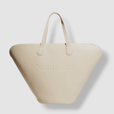 $795 Nanushka Women's Beige Juno Structured Logo Leather Shoulder Tote Purse Bag