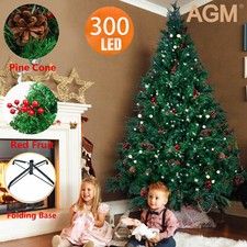 5FT 6FT 7FT Christmas Tree Xmas Pine Tree w/ Pine Cones & Berries, w/ LED Lights