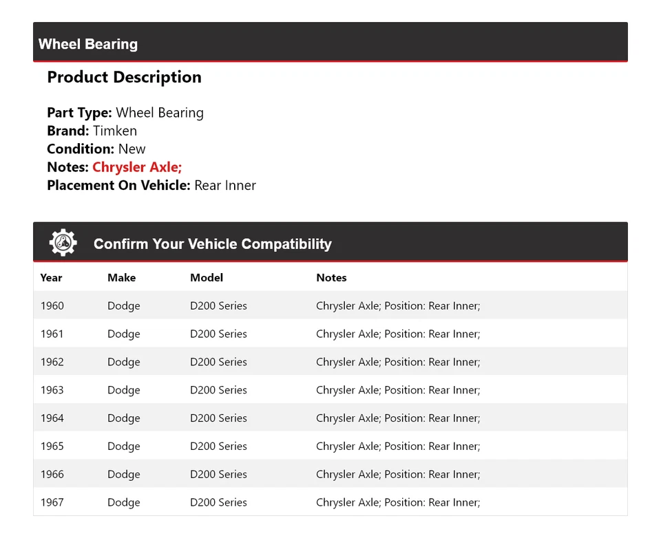Cojinete de rueda interior trasero Timken 1961 1962 1963 para Dodge serie D200 1960-1967 Foto 2 de 4