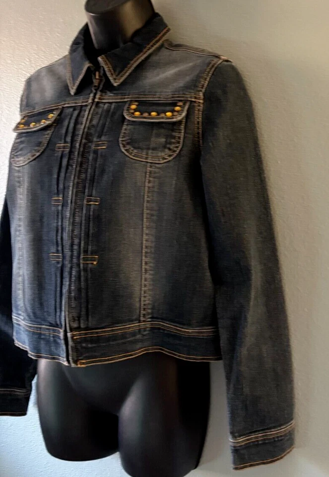 Ruff Hewen Denim Jacket Womens Size Medium Full Zip Jeweled Accent Pockets - Image 3 of 4