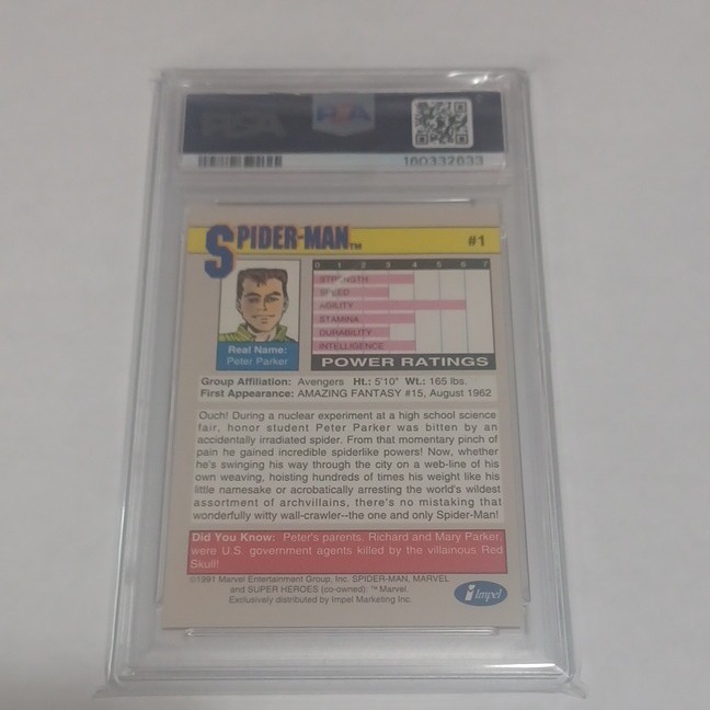 1991 Impel Marvel Universe #1 Spider-Man PSA NM-MT PSA 8 view 2