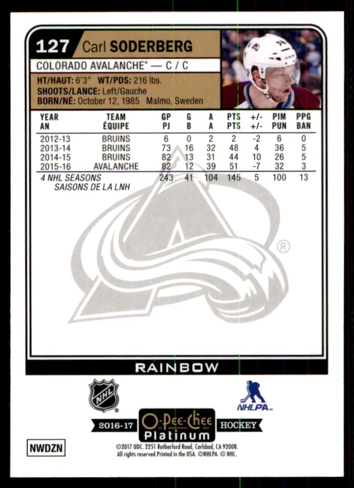 2016-17 O-Pee-Chee Platinum Rainbow Carl Soderberg Colorado Avalanche #127 - Image 2 of 2