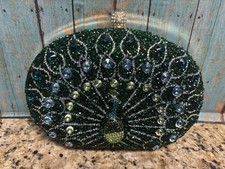 Peacock Teal Rhinestone Evening Bag Luxury Beaded Clutch Purse Gold Trim Chain