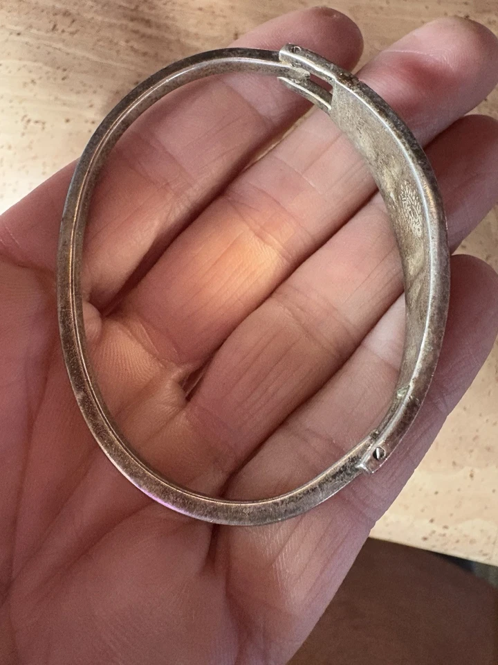 Vintage Mexico Alpaca Silver Hinged Bracelet Abalone Inlay Flower Butterfly B007 - Image 3 of 4