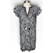 Vineyard Vines Linen Tropical Shift Dress Black White Flutter Sleeve Tassel Tie