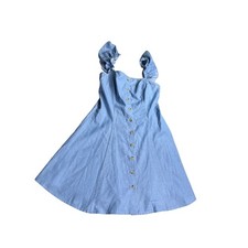 Lulus Women's Small Blue Chambray Mini Dress Button Front Ruffle Strap Sundress