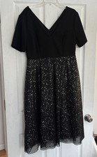 Women's Dress A-line Knee Length Size 1XL Black Sparkle Short Sleeve