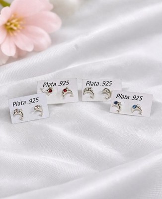 Arete Broquel Stud Earrings Tiny Dolphin CZ Plata 925 Mex. Sterling Silver 5 mm