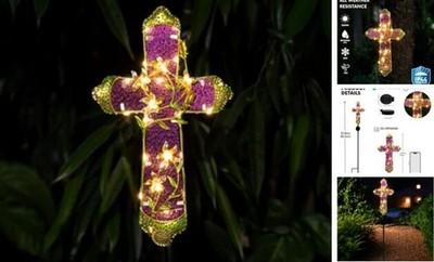 Solar Cross Stake for Cemetery Grave, Memorial Grave Decoration with Fuchsia