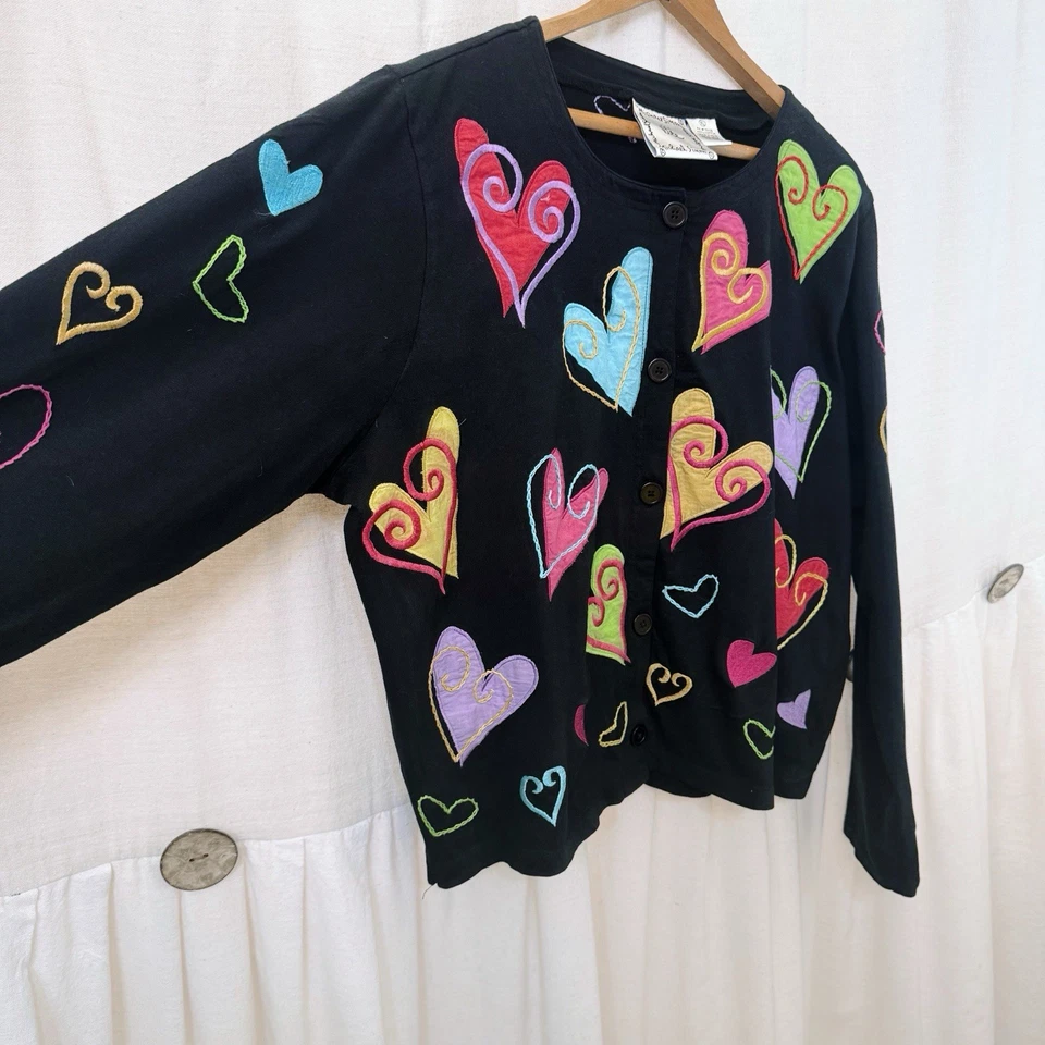 Cárdigan De Colección Michael Simon Lite Talla XL Apliques Corazón Negro Colorido Arco Iris Foto 4 de 4