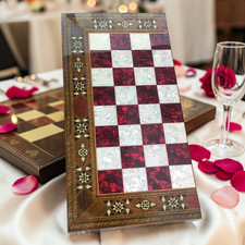 Combo Backgammon Chess Set Handmade Solid Wood Inlay Game Board -3 in 1