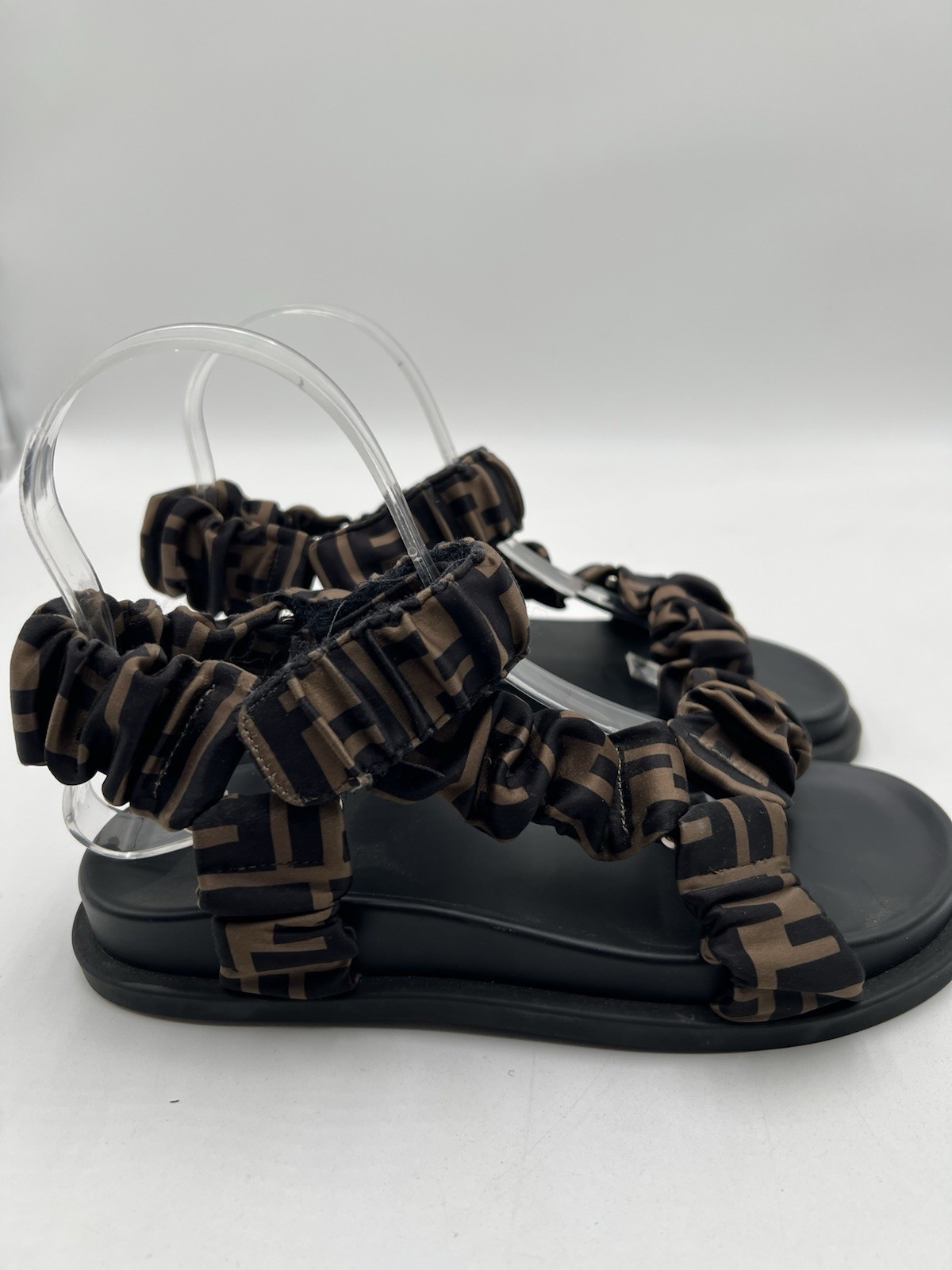 Women’s Fendi FF Monogram Satin Ruched Sport Sandals Brown / Black Size 35.5