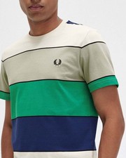 Image of Fred Perry Mens Bold Stripe T Shirt 100% Cotton in Green Navy Cream Size Medium