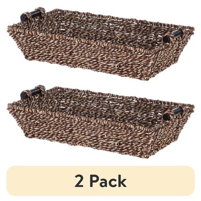(2 pack) Rectangle Brown Seagrass Basket with Wood Handles, 17.5 L x 10  W x