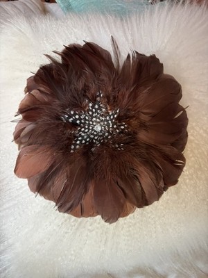 Vintage 9 1/2  Couture Brown Feather Jewel Brooch Pinback Clip 