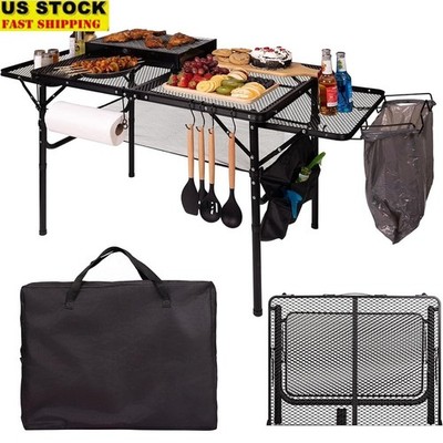 Portable Adjustable Camping Table Weather Resistant W/ Storage Bag Hooks New