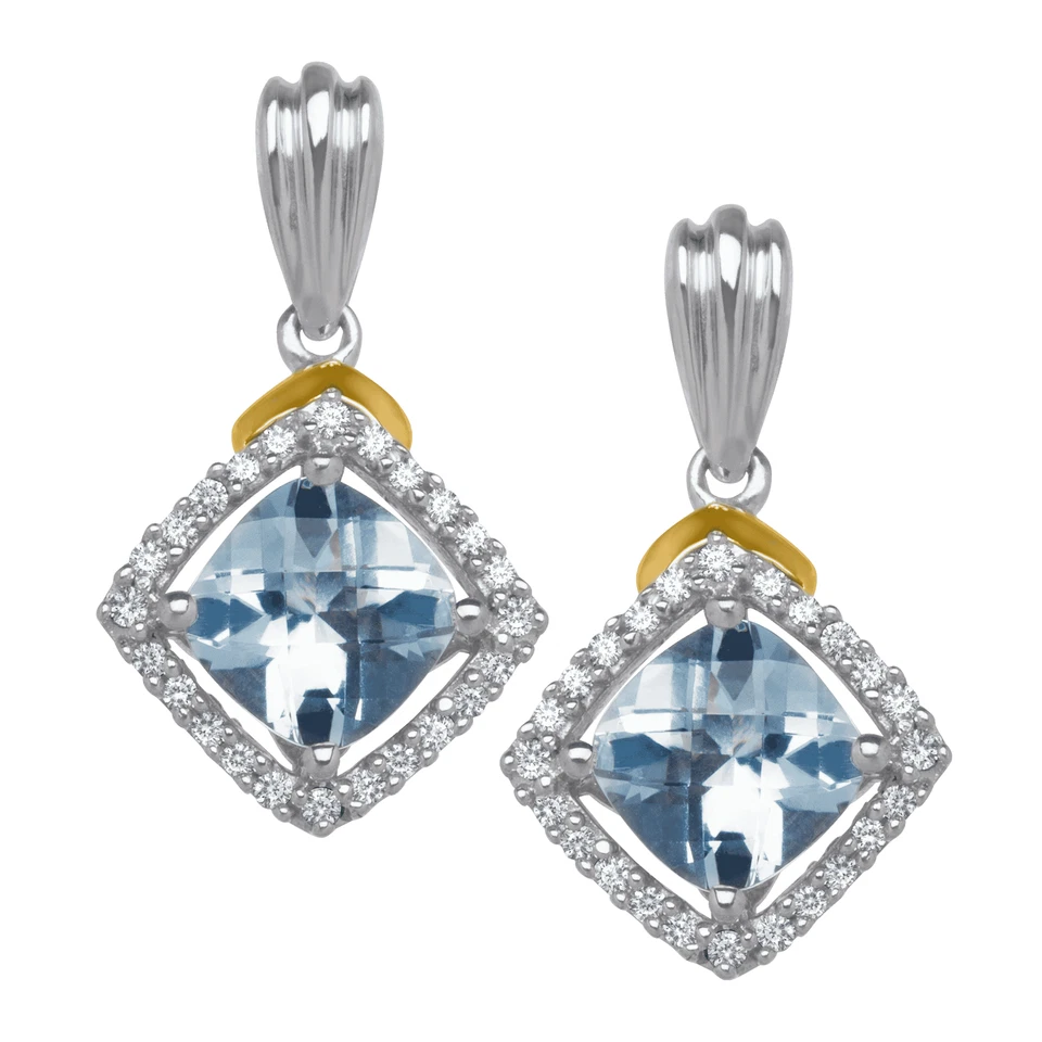 Finecraft Aquamarine & Diamond Drop Earrings in Silver & 14K Yellow Gold