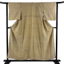 Japanese Silk Kimono S 155cm Grass and flowers Haze Lined Excellent 6014902