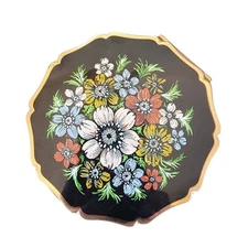 Vintage Stratton Black Enamel Floral Gold Tone Compact Mirror Powder Case