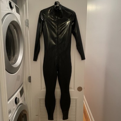 Invincible Rubber Men s Black Latex Front Zip Catsuit Size S, with latex care