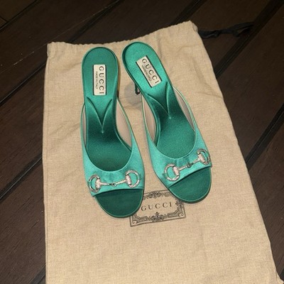 NIB Gucci Horsebit Crystals Satin Mules IT 36 US 6 Slip On Emerald Green Sandal