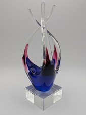 Murano Style Sommerso Glass Sculpture & Pedestal 11" Hand Blown Glass