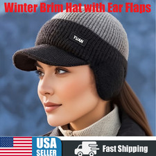 Winter Brim Hat with Ear Flaps Ear Protection Knitted Cap Elastic Warm Beanie US