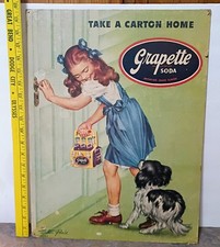 RAREST 1940s GRAPETTE Soda CARDBOARD LITHO SIGN...Girl & Dog...Walter Parke