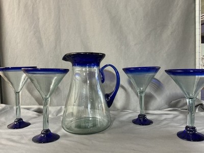 Hand Blown Artisan Made in Mexico Margarita Glasses w Pitcher Cobalt