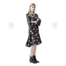 Ganni 1692 34/2 Glenmore Black Floral Drop Waist Ruffle Mini Dress Long Sleeve