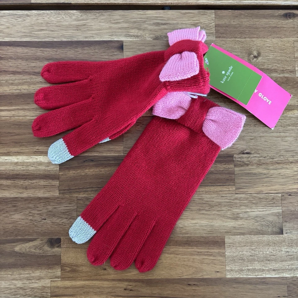 KATE SPADE NEW YORK Mujer Rojo Rosa Arco Guantes Táctiles Invierno Nuevos con Etiquetas Preppy Clásicos Foto 2 de 4