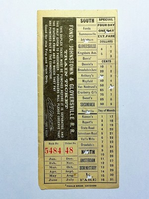 FONDA JOHNSTOWN & GLOVERSVILLE RAILROAD PASS TICKET ADIRONDACKS NEW YORK CENTRAL