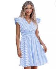 Cupshe NWT Flutter Sleeve Blue Striped V-Neck Smocked Waist Sundress size medium