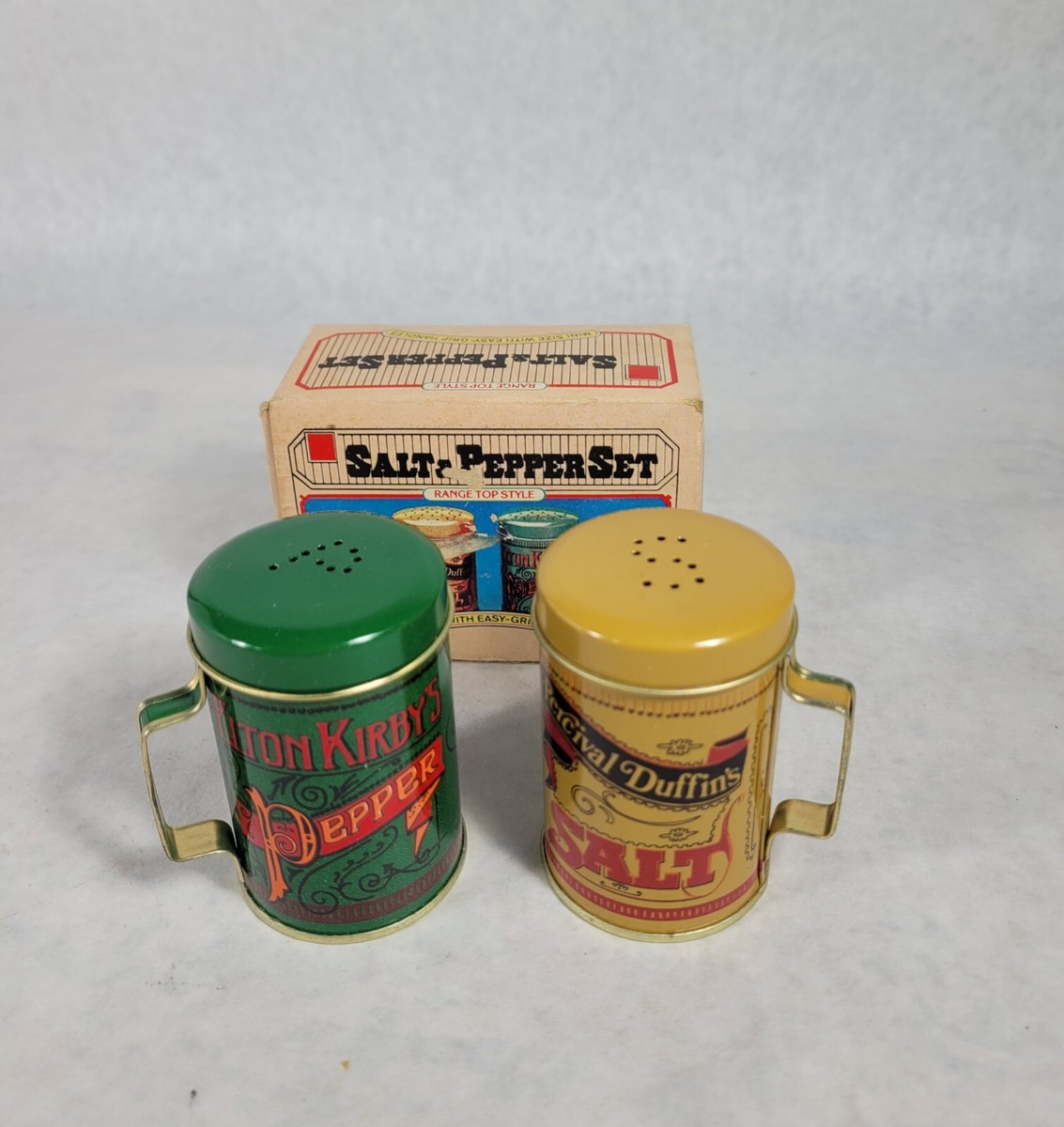 Elton Kirby & Percival Duffins Tin Salt And Pepper Shakers With