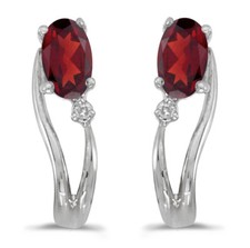 14k White Gold Oval Garnet And Diamond Wave Earrings