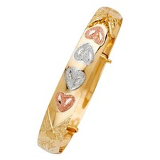 NEW 14K TRI COLOR GOLD ADJUSTABLE HEART BANGLE