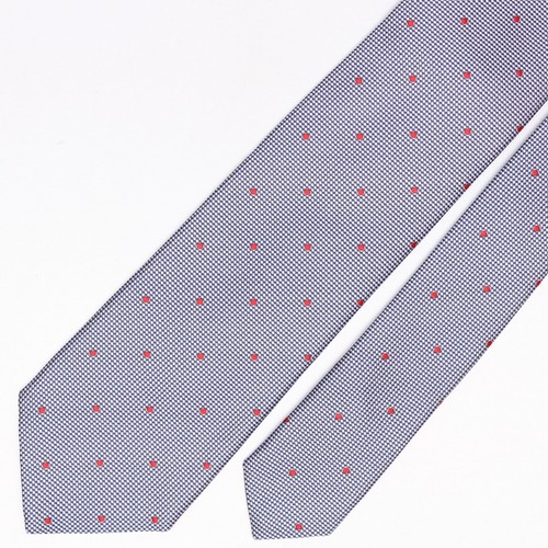 John G Hardy Mens Silk Necktie Blue Silver Dobby Weave Red Polka Dot Italy Tie - Picture 2 of 8
