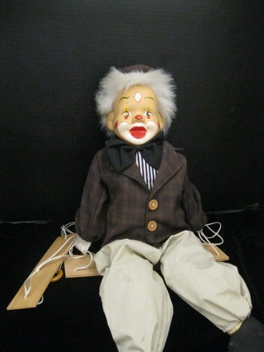 VINTAGE CLOWN DOLL HOBO DRESSED IN JACKET WITH MATCHING HAT SITTING ON A SWING - Picture 5 of 6