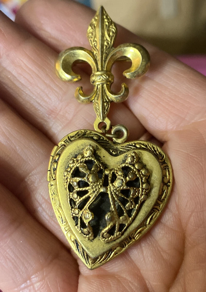 Vintage Freirich Gold Washed Brooch Pin Hanging Heart Locket