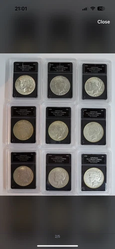 1922 - 35 VG Peace Silver Dollar Set COA by Bradford Exchange + cherrywood case