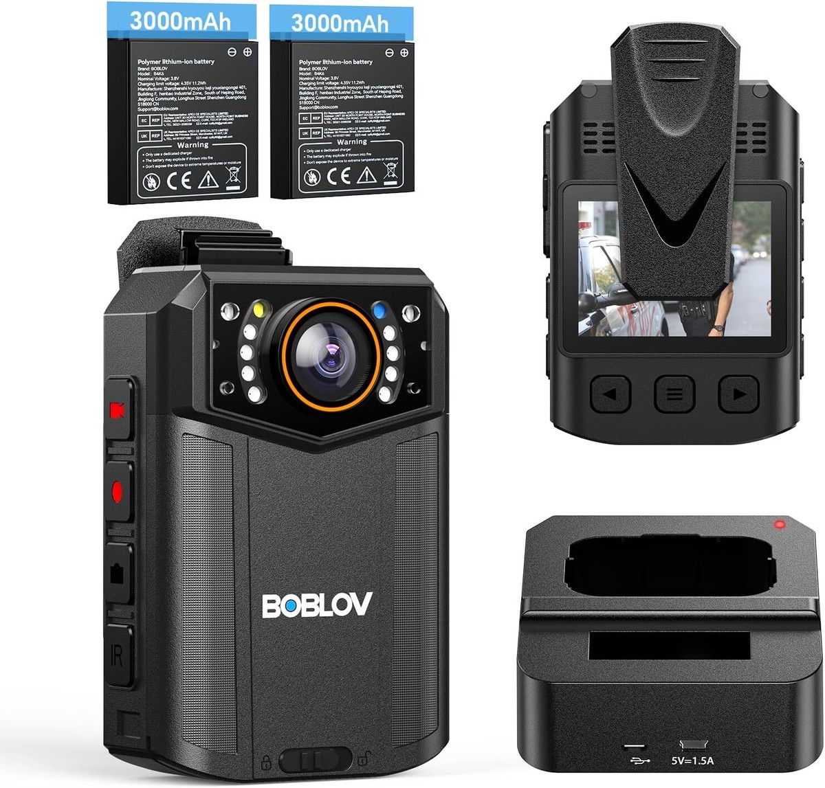 Body Camera BOBLOV T5 128GB - 1296P, Visione Notturna, 2 Batterie, Per Law Enforcement