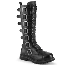Mens Black Leather Burning Man Goth Buckle Combat Steel Toe Knee High Boots