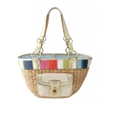 Coach 10749 Large Lily Straw Tote With Gold Lame Leather Trim