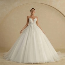 Wedding Dresses Spaghetti Straps V Neck Train Bride Beading Bridal Ball Gown