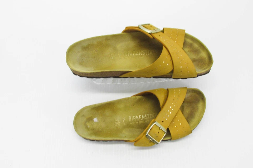 Birkenstock Mujer Sandalia Siena Talla EE. UU. 9 Amarillo Cuero Zapatos Deslizables Usados vq Foto 2 de 4