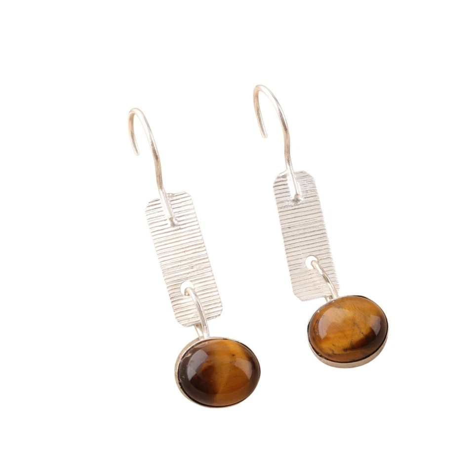 Pendientes de joyería de plata maciza 925 con piedras preciosas ojo de tigre amarillo para regalo Foto 3 de 4