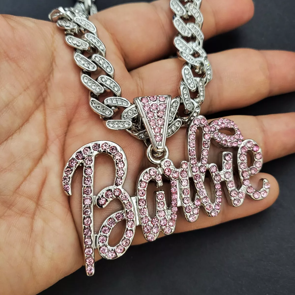 Women Silver Plated Pink Barbie Charm & Iced Cubic Zirconia Cuban Chain  Necklace