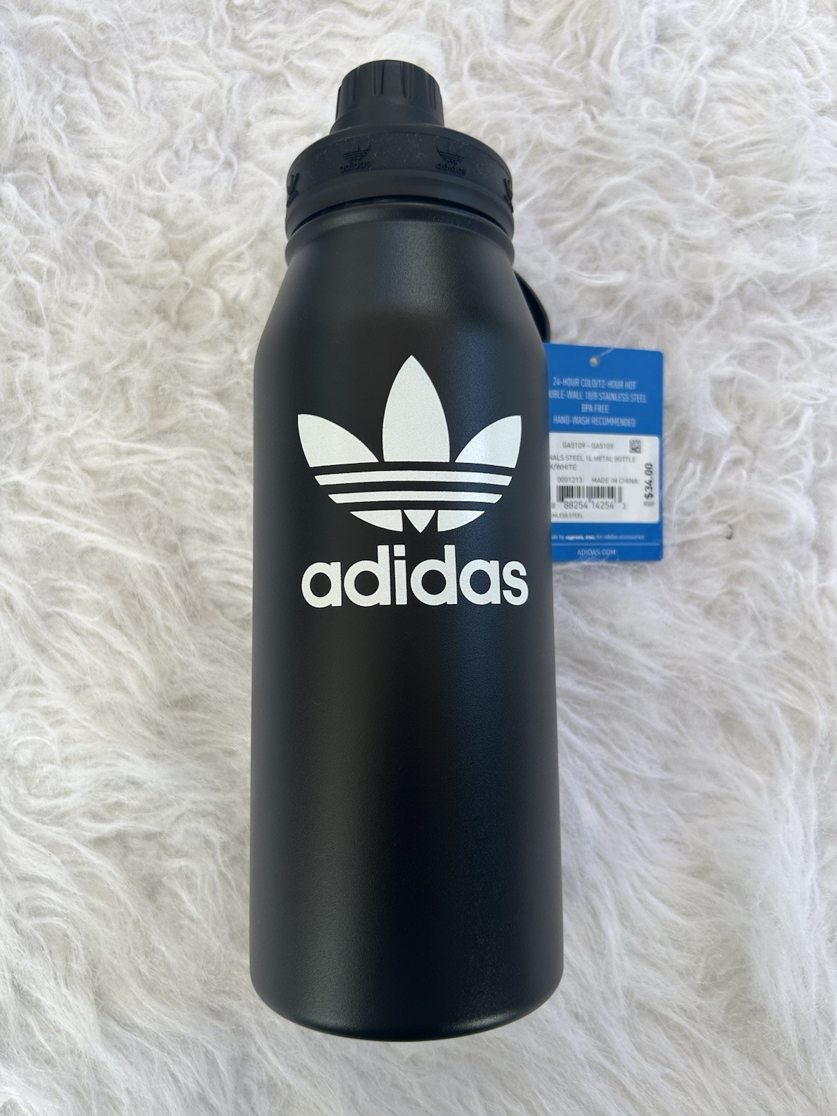 Adidas Originals Steel 1 Liter Metal Water Bottle, Black/Whi